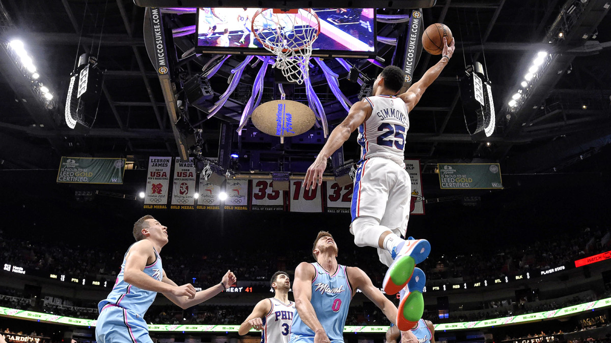Ben Simmons soars for a dunk
